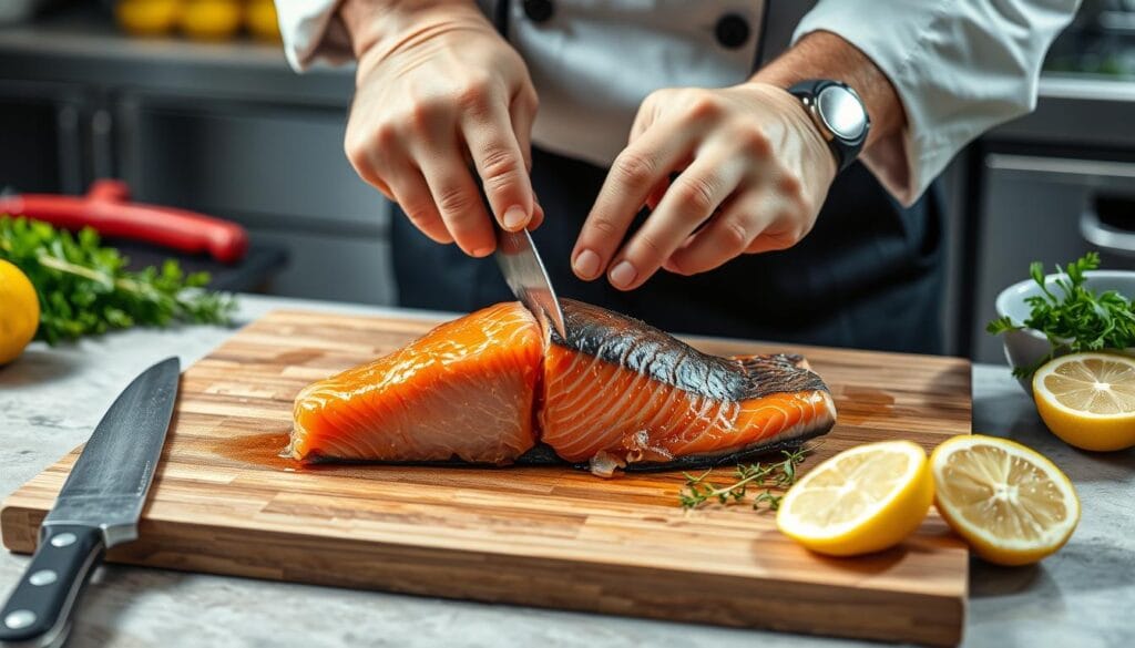 Deboning salmon steak Deboning salmon steak