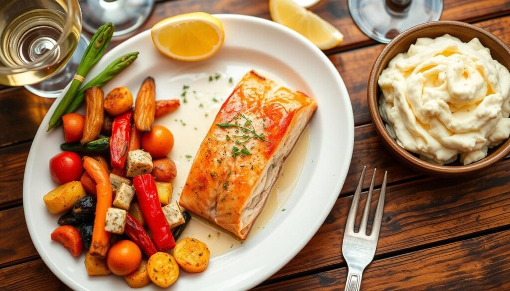 Stuffed salmon with sides Stuffed salmon with sides