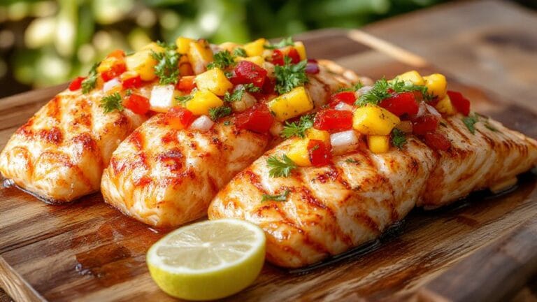 salmon topped with mango salsa