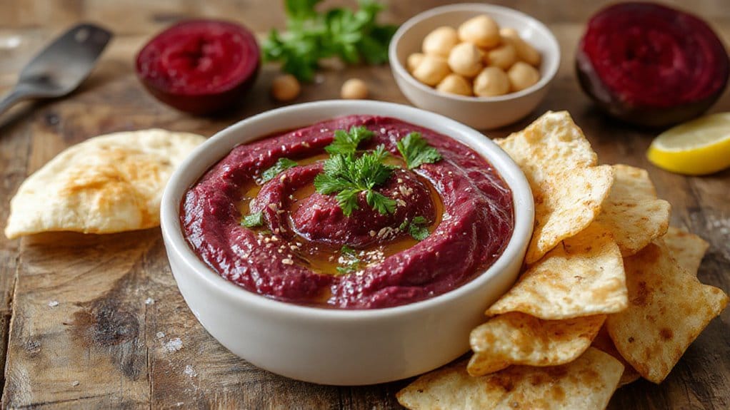 beet hummus with pita
