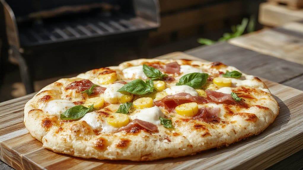 grilled corn and prosciutto pizza